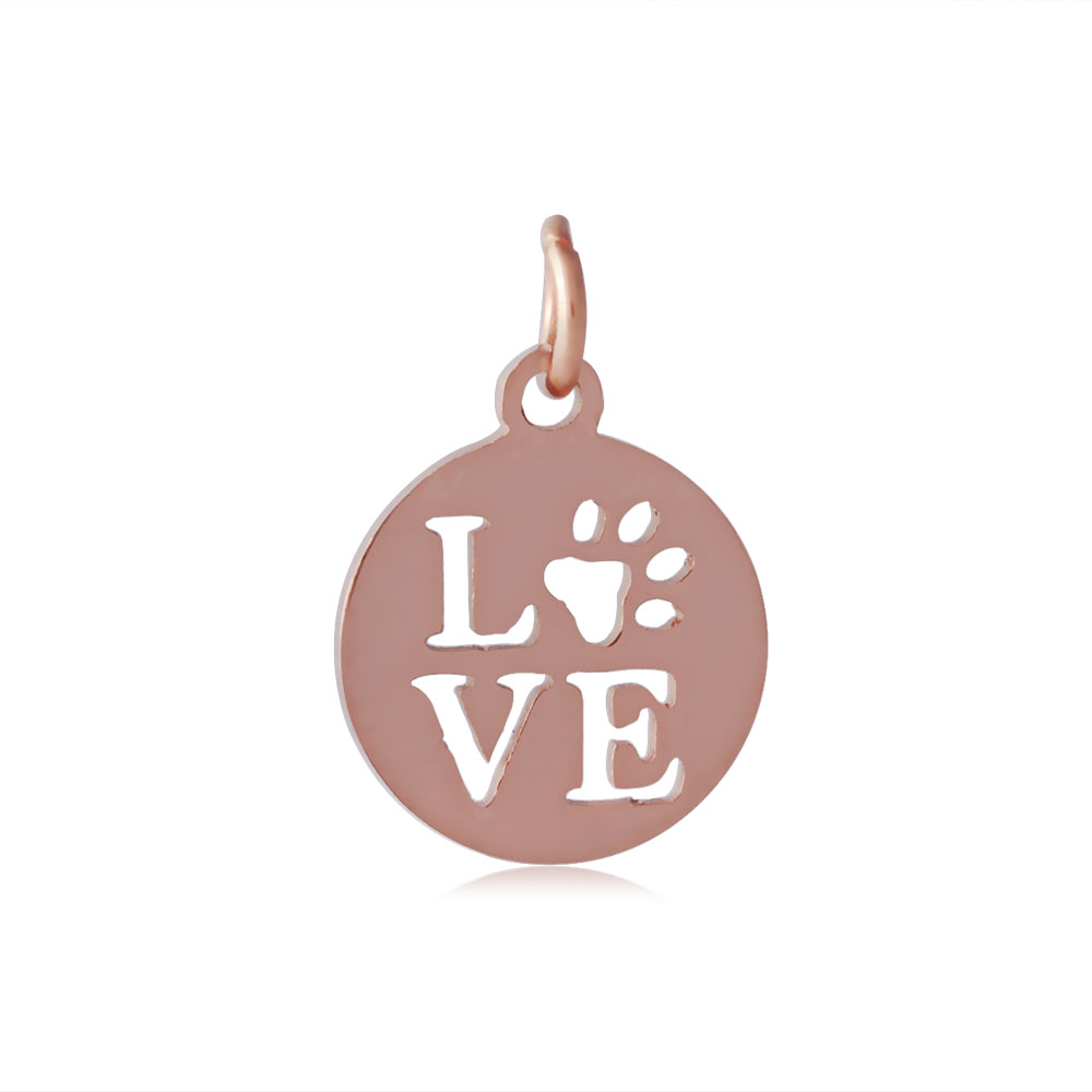 PandaHall 304 Stainless Steel Pendants, Flat Round with Word Love, Rose Gold, 14x12x1mm, Hole: 3mm Stainless Steel Flat Round