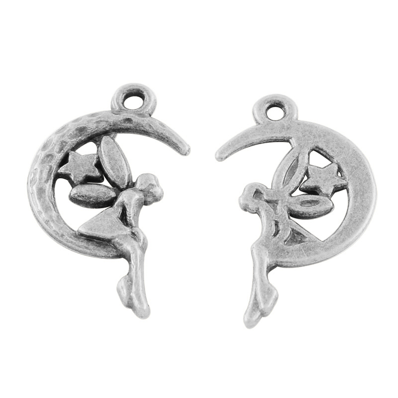 PandaHall Tibetan Style Alloy Pendants, Halloween, Fairy with Moon and Star, Lead Free, Antique Silver, 26x14x2mm, Hole: 1.5mm Alloy Angel &...