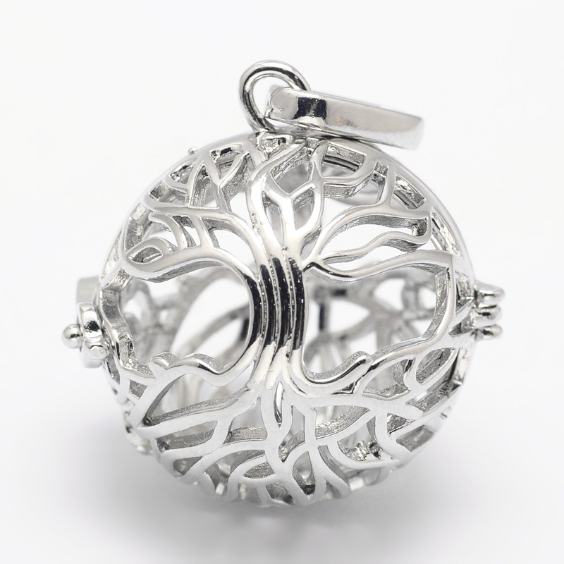 PandaHall Rack Plating Brass Cage Pendants, For Chime Ball Pendant Necklaces Making, Hollow Round, Nickel Free, Platinum, 28x28.5x24mm, Hole...