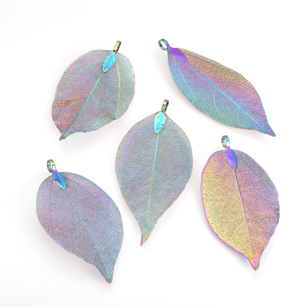 PandaHall Electroplated Natural Leaf Big Pendants, with Iron Findings, Multi-color Plated, 50~80x20~35x1mm, Hole: 3x6mm Iron+Other Material...