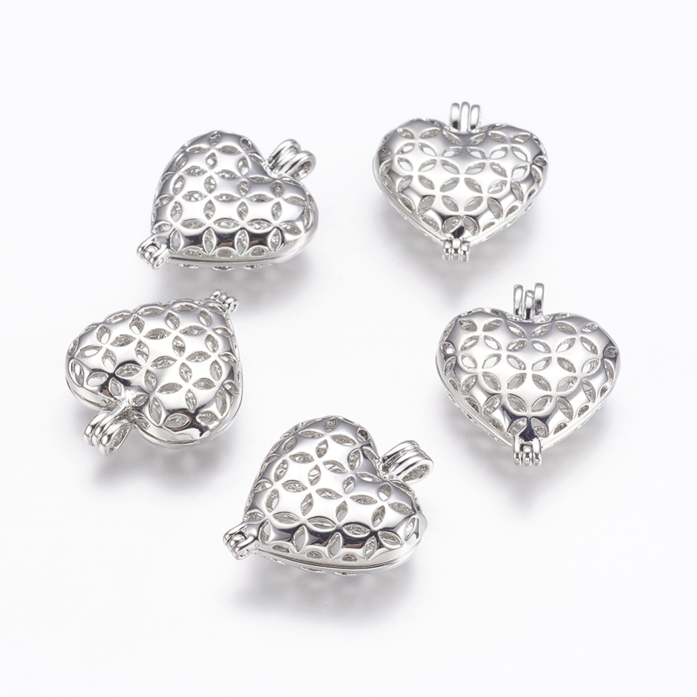 PandaHall Brass Locket Pendants, Cage Pendants, Heart, Filigree, Platinum, 25.5x21x7mm, Hole: 2x3mm; Inner: 15x18mm Brass Heart