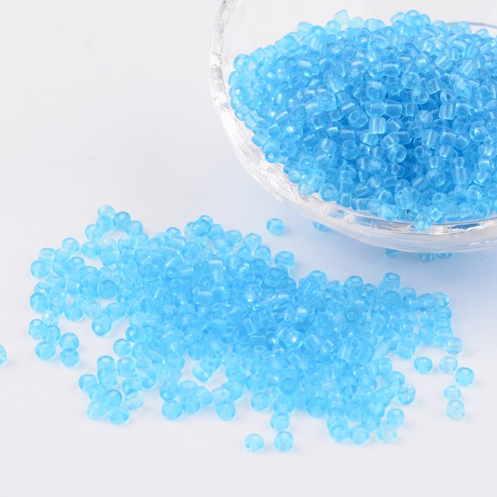 PandaHall 8/0 Glass Seed Beads, Transparent, Round, DeepSkyBlue, 3mm, Hole: 1mm; about 1097pcs/50g Glass Blue