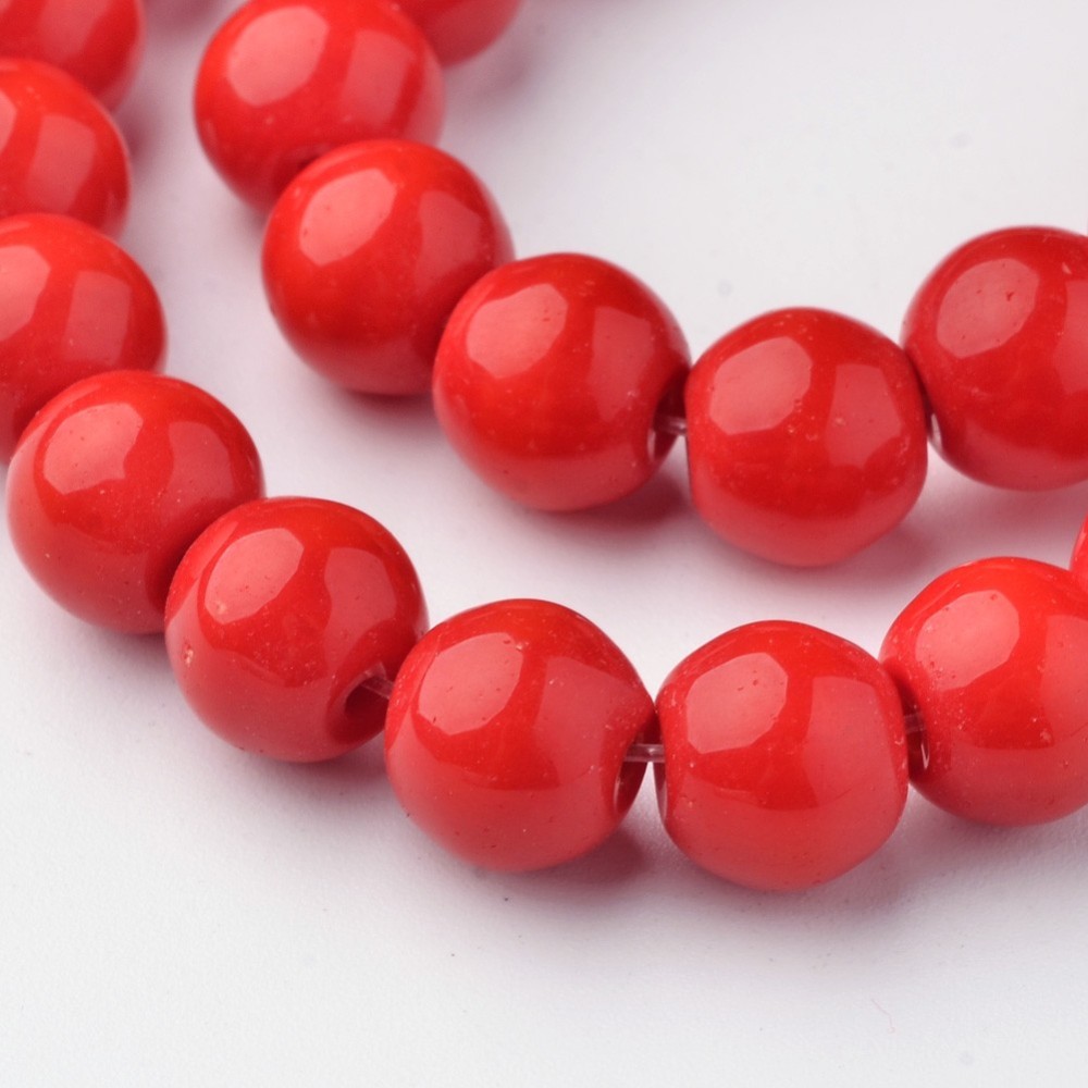 PandaHall Glass Beads Strands, Round, Dyed, Red, 8mm, Hole: 1mm; about 36pcs/strand, 10.4" Glass Round Red