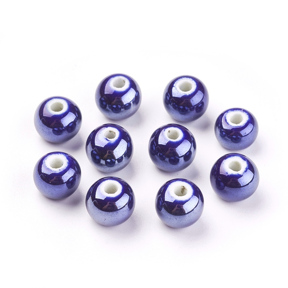 PandaHall Pearlized DarkBlue Handmade Porcelain Round Beads, 10mm, Hole: 2~3mm Porcelain Round Blue