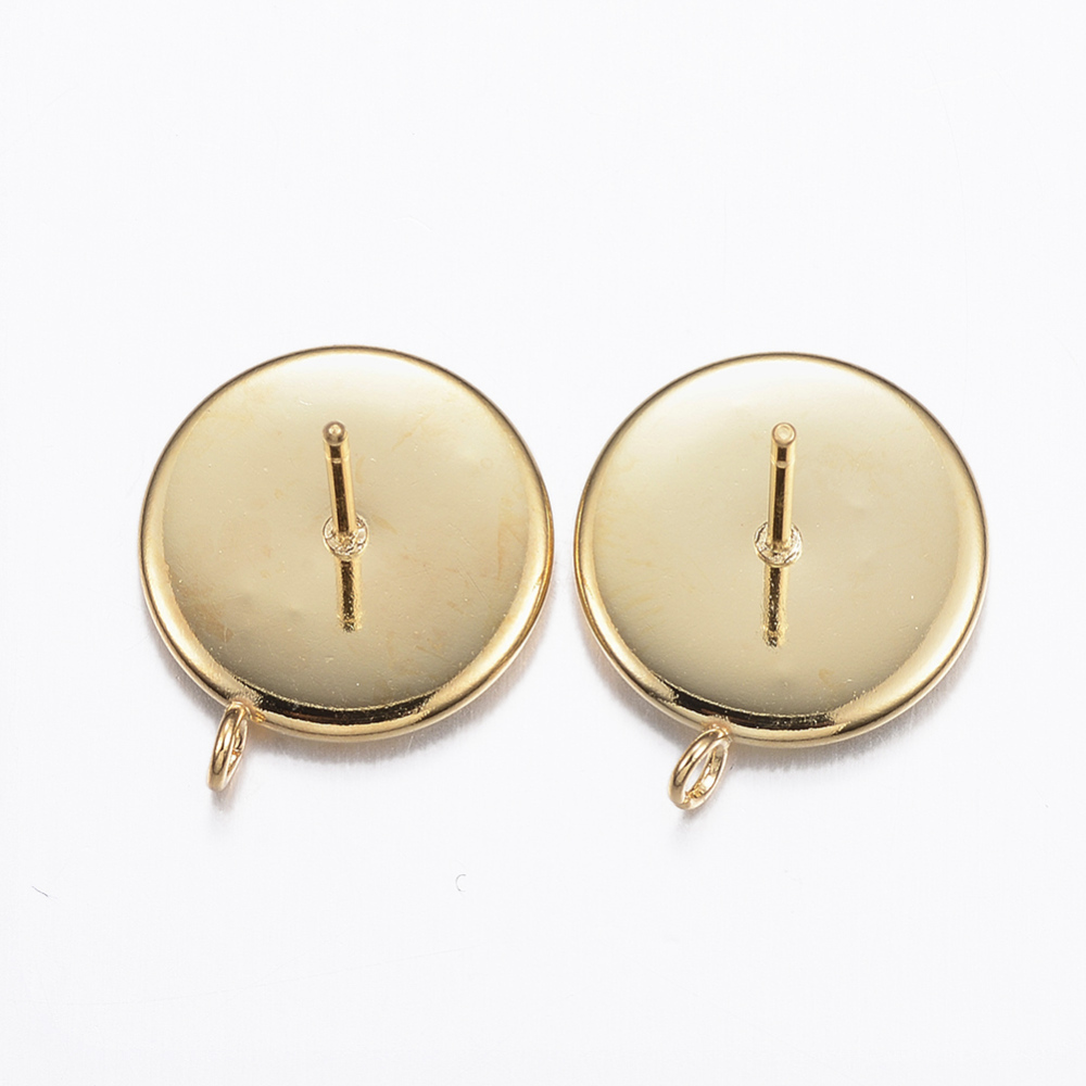 PandaHall 304 Stainless Steel Stud Earring Settings, Flat Round, Golden, Tray: 12mm; 16.5x14x2mm, Hole: 2mm; Pin: 0.8mm Stainless Steel