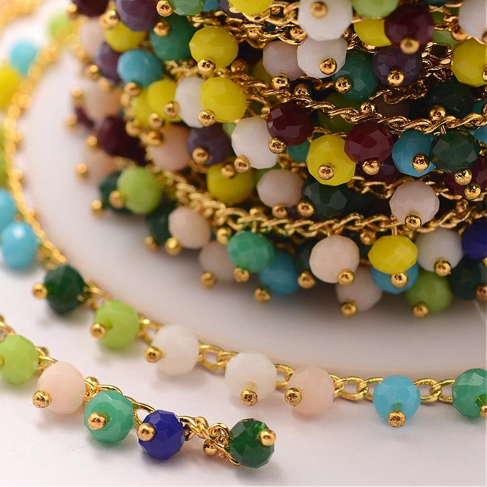 PandaHall Handmade Glass Beaded Chains, with Spool, with Brass Findings, Colorful, 7x4mm; about 10m/roll Brass+Glass