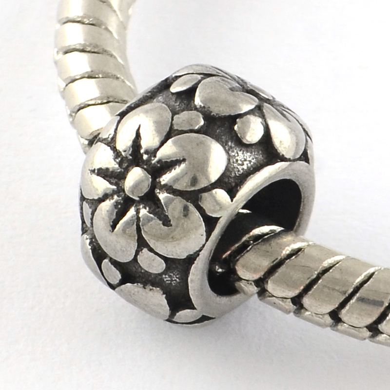 PandaHall Vintage 316 Stainless Steel European Beads, Large Hole Beads, Rondelle with Flower, Antique Silver, 9x6mm, Hole: 5mm Stainless...
