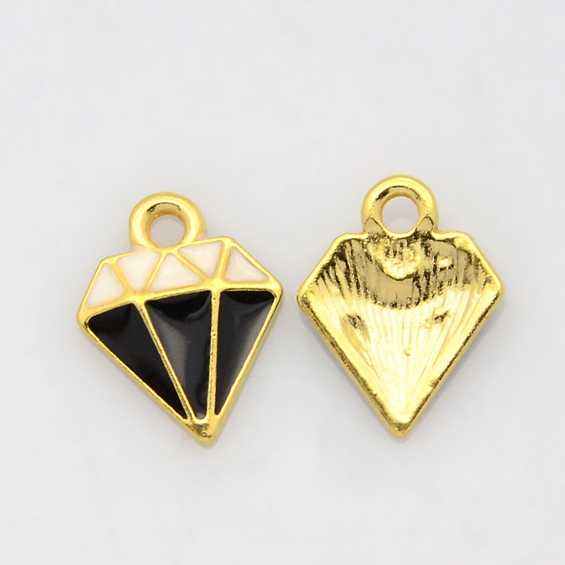 PandaHall Golden Tone Alloy Enamel Pendants, Diamond Charms, Black, 15x12x2mm, Hole: 2mm Alloy+Enamel Diamond Black