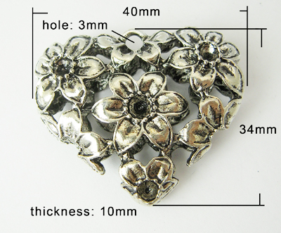 PandaHall Metal Alloy Pendant Rhinestone Settingss, Lead Free and Cadmium Free & Nickel Free, Heart, Antique Silver, 40x34x10mm, Hole: 3mm...