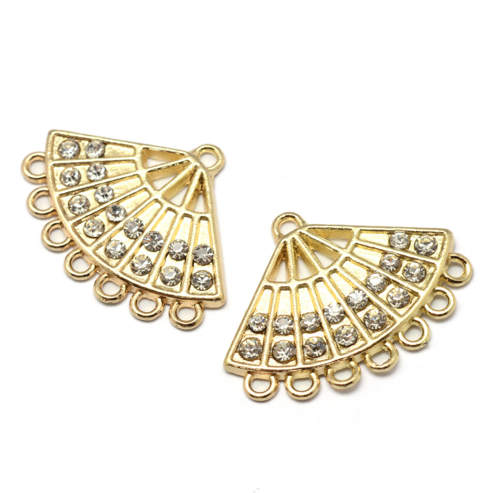 PandaHall Alloy Rhinestone Chandelier Component Links, Fan, Cadmium Free & Lead Free, Golden, 21x27x2mm, Hole: 1mm Alloy+Rhinestone Fan