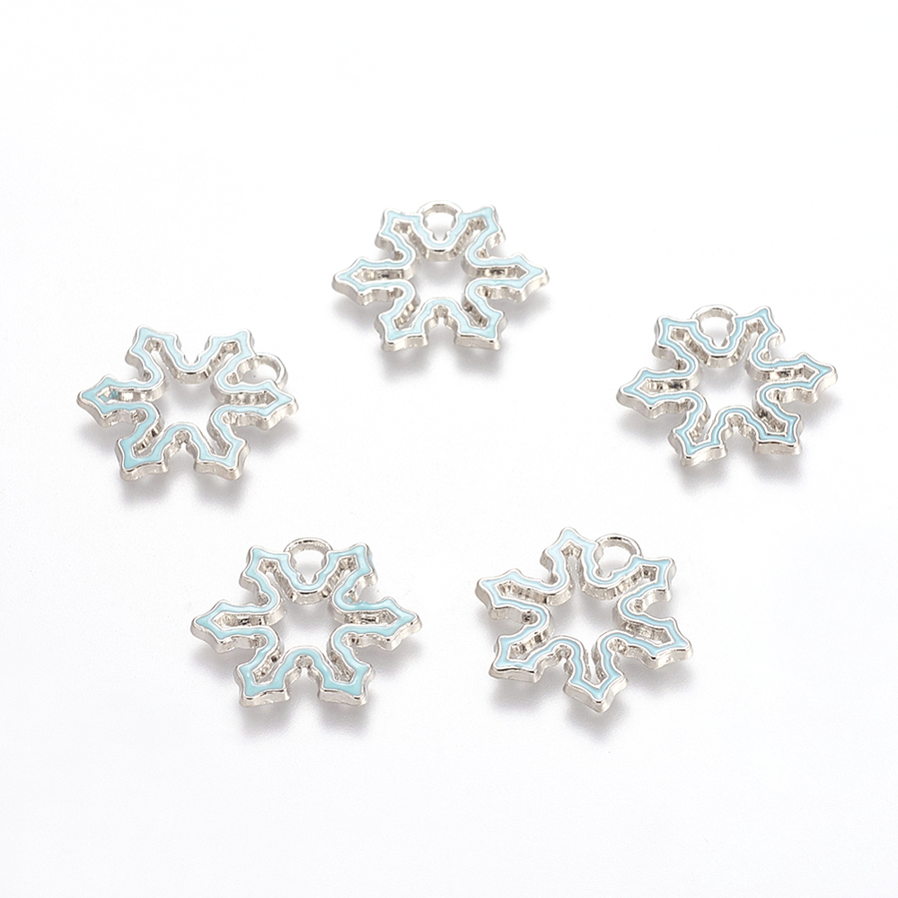 PandaHall Alloy Pendants, Lead Free and Cadmium Free, Enameled, Christmas Snowflake, Blue, Platinum Metal Color, 23mm long, 25mm wide, 2mm...