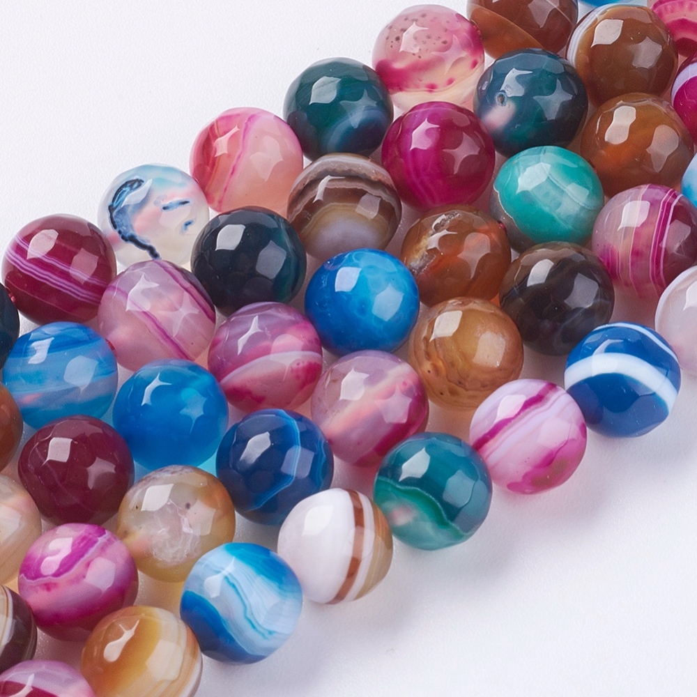 PandaHall Natural Striped Agate/Banded Agate Beads Strands, Faceted, Dyed, Round, Mixed Color, 8mm, Hole: 1mm Banded Agate Round Multicolor