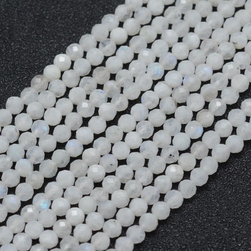 PandaHall Natural Moonstone Beads Strands, Round, Faceted, 3mm, Hole: 0.5mm; about 113pcs/strand, 15.35"(39cm) Moonstone Round
