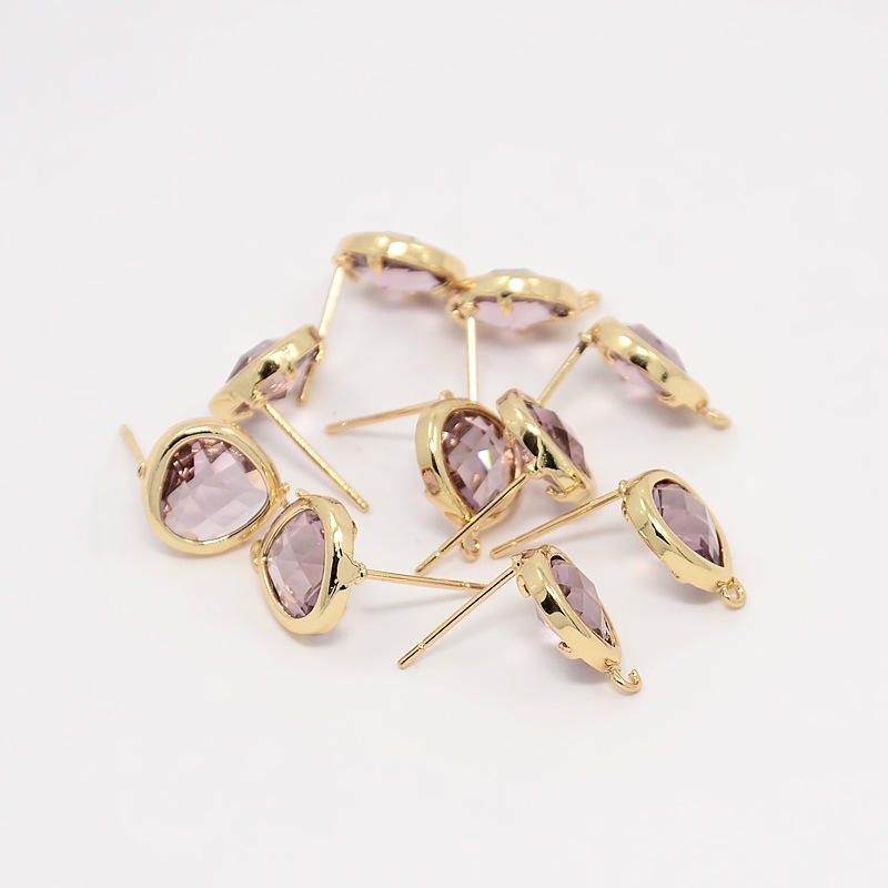 PandaHall Real Gold Plated Tone Brass Glass Stud Earring Findings, Faceted Triangle, Plum, 13x11x4.5mm, Hole: 1mm, Pin: 0.6mm Brass+Glass...