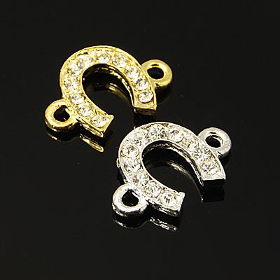 PandaHall Zinc Alloy Links, Horseshoe Pendants, with Rhinestone Beads, Grade A, Mixed Color, 19x13x3mm Alloy+Rhinestone Alphabet