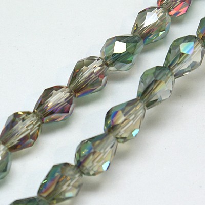 PandaHall Electroplate Glass Bead Strands, Half Rainbow Plated, Faceted, Drop, DarkSeaGreen, 12x8mm; Hole: 1mm, about 60pcs/strand, 28.3"...