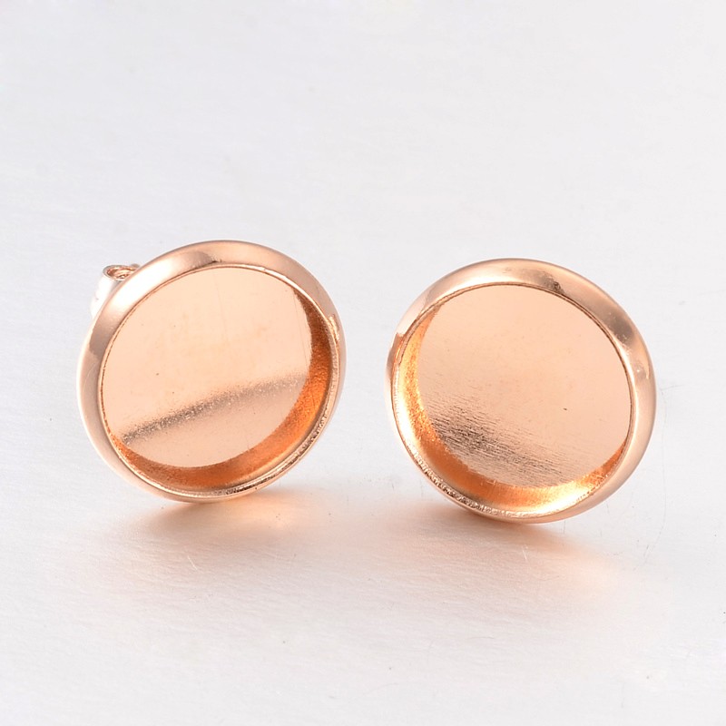 PandaHall Flat Round Brass Stud Earring Cabochon Settings, Cadmium Free & Nickel Free & Lead Free, Rose Gold, Tray: 10mm; 13.5x12mm, Pin...