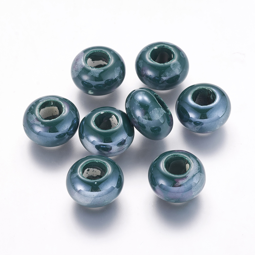 PandaHall Handmade Porcelain Beads, Pearlized, Rondelle, DarkCyan, 15x10mm, Hole: 6mm Porcelain Rondelle Cyan