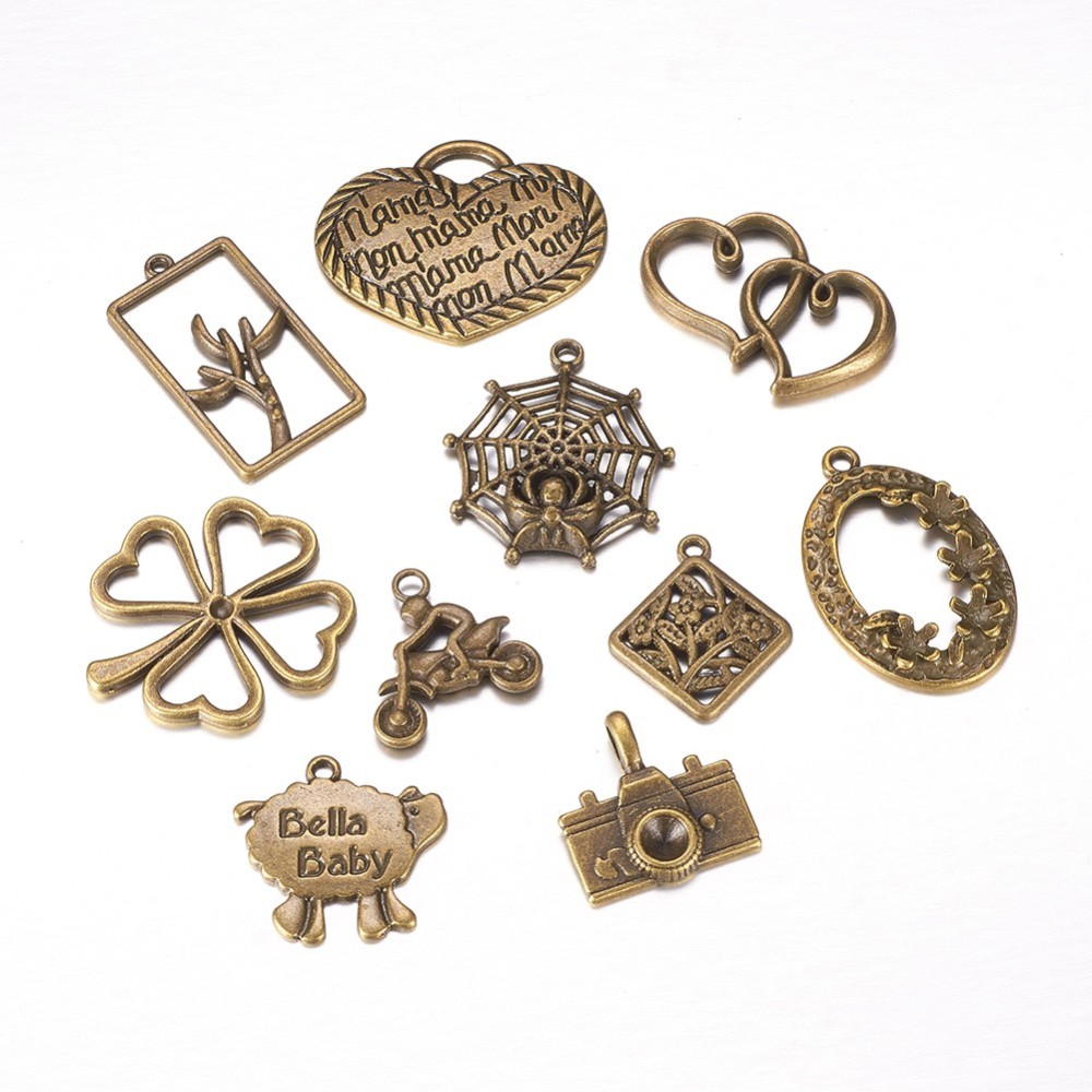 PandaHall Tibetan Style Alloy Pendants, Mixed Shapes, Antique Bronze, 20~34x20.5~35x1.5~5.5mm, Hole: 1~9mm; 10pcs/set Alloy Mixed Shapes
