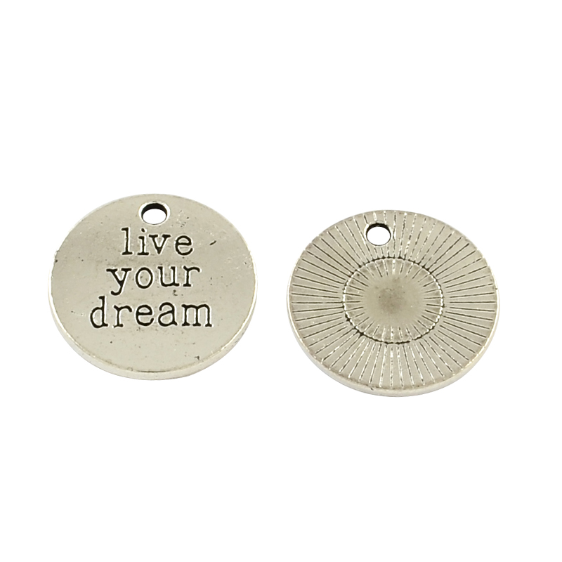PandaHall Tibetan Style Alloy Flat Round Pendants, with Words Live Your Dream, Cadmium Free & Lead Free, Antique Silver, 19.5x2mm, Hole...