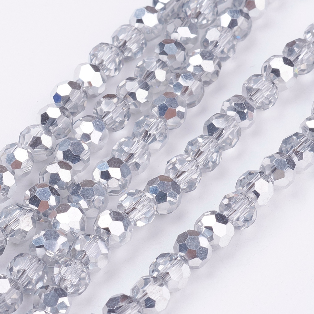 PandaHall Electroplate Glass Beads Strands, Half Plated, Faceted, Round, Silver Plated, 6mm, Hole: 1mm; about 100pcs/strand, 22.6" Round
