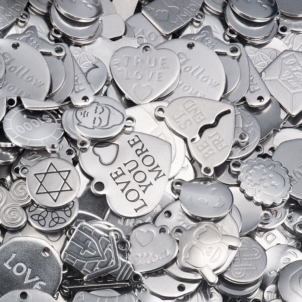 PandaHall Titanium Steel Pendants, Mixed Shapes, Stainless Steel Color, 13~21x6~22x1mm, Hole: 1mm Titanium Steel Mixed Shapes