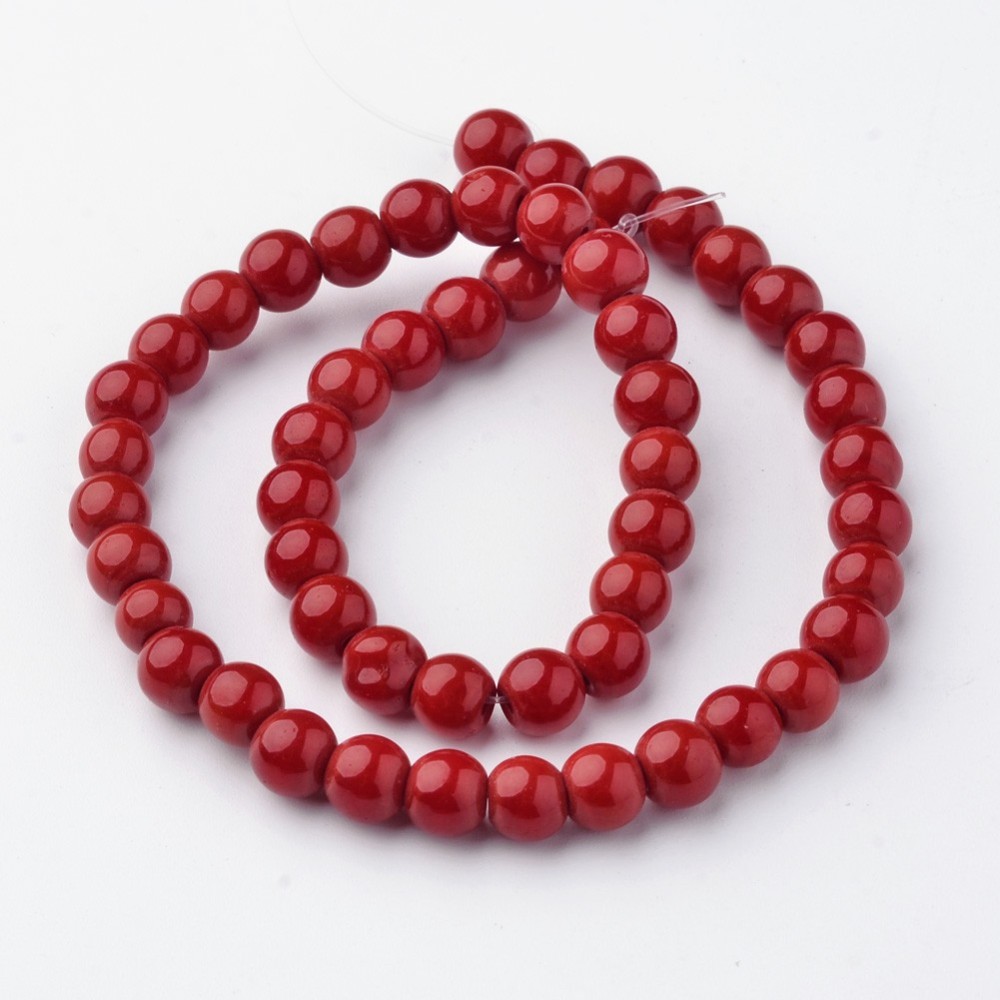 PandaHall Opaque Glass Bead Strands, Round, Dyed, FireBrick, 6mm, Hole: 1mm; about 52pcs/strand, 11.4" Glass Round Red