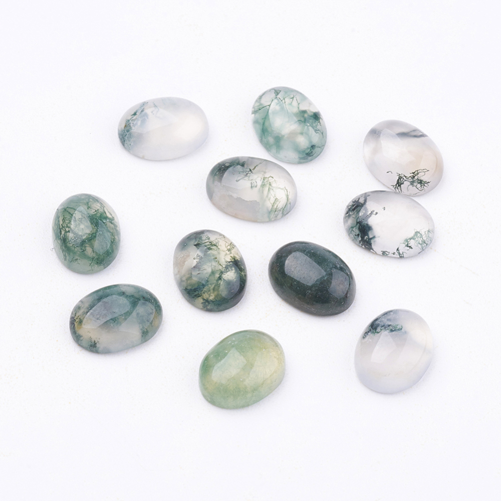 PandaHall Natural Moss Agate Cabochons, Oval, 8x6~6.5x3mm Moss Agate Oval Green