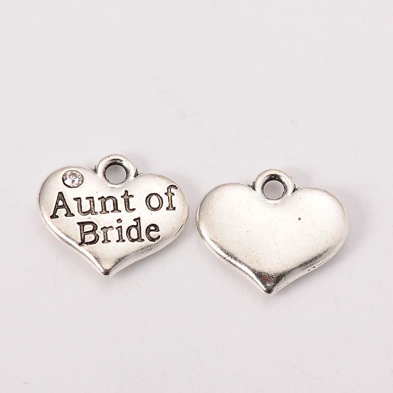 PandaHall Wedding Theme Antique Silver Tone Tibetan Style Heart with Aunt of Bride Rhinestone Charms, Crystal, 14x16x3mm, Hole: 2mm Alloy...