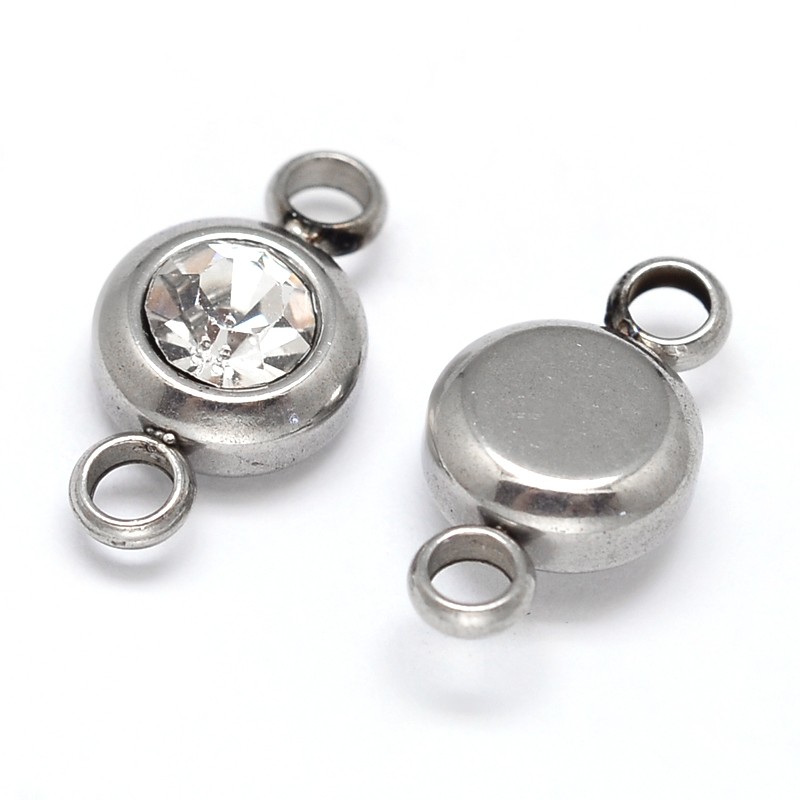 PandaHall Flat Round 304 Stainless Steel Cubic Zirconia Links, Stainless Steel Color, Clear, 12x6.5x4mm, Hole: 2mm Cubic Zirconia Flat Round...