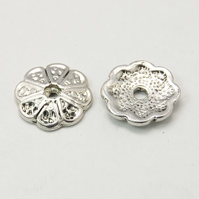 PandaHall Tibetan Silver Bead Caps, Lead Free & Nickel Free & Cadmium Free, Flower, Antique Silver, about 13mm in diameter, 2.5mm thick...