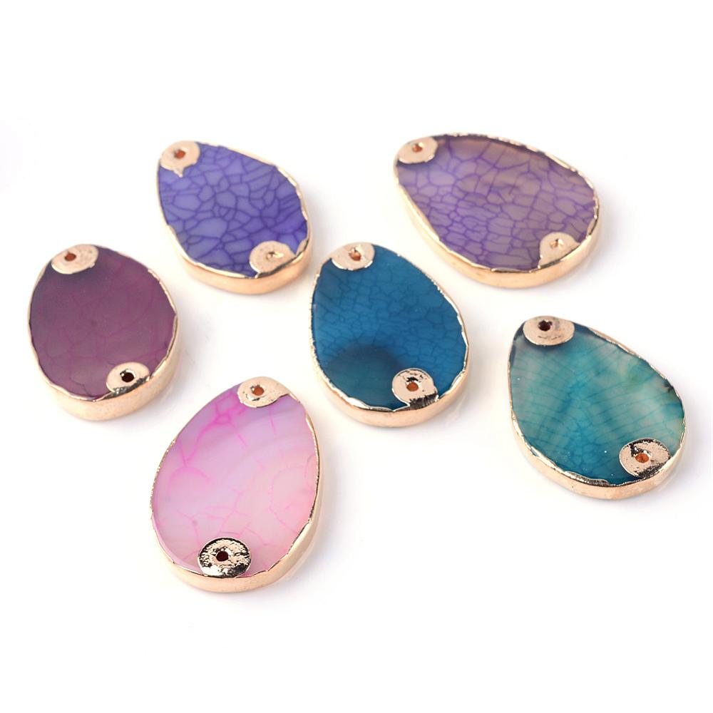 PandaHall Natural Crackle Agate Links, Dyed, Drop, Golden Plated, Mixed Color, 33~38x23~27x4~5mm, Hole: 1.5mm Gemstone Drop Multicolor