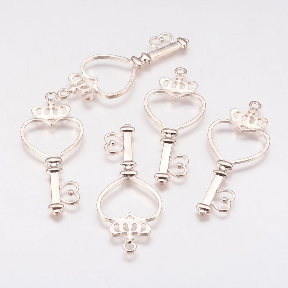 PandaHall Alloy Open Back Bezel Pendants, For DIY Resin, Pressed Flower Jewelry, Heart Key, Rose Gold, 54x21x2mm, Hole: 2mm Alloy Key