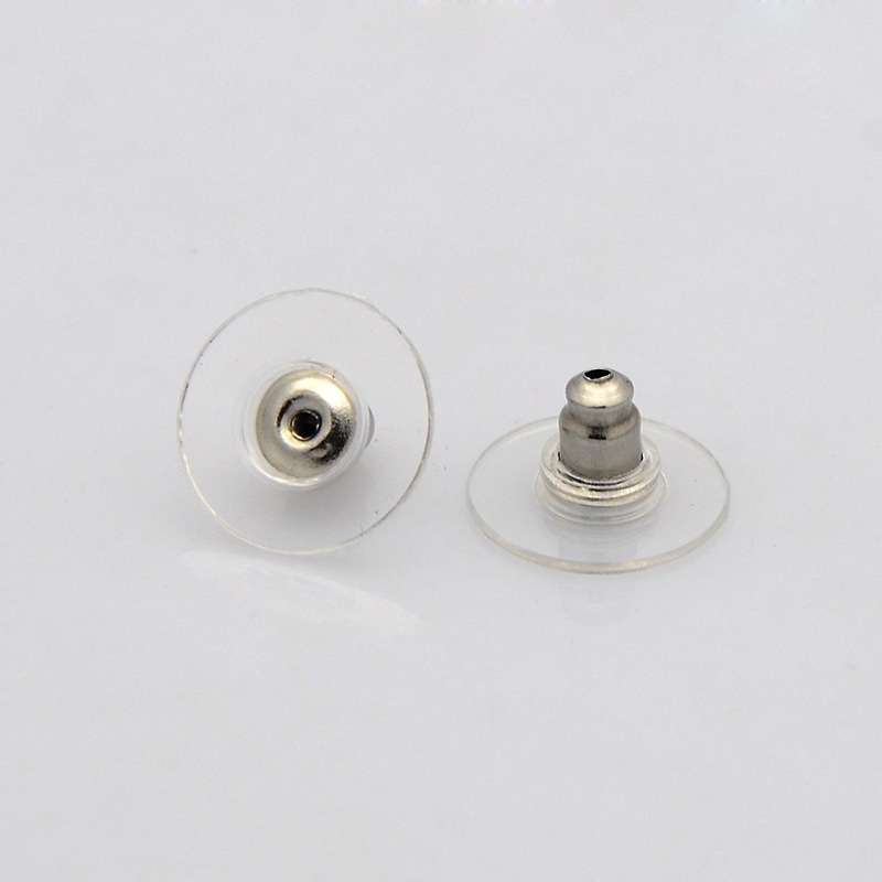 PandaHall 304 Stainless Steel Ear Nuts, with Plastic, Stainless Steel Color, 12x7mm, Hole: 1mm Stainless Steel