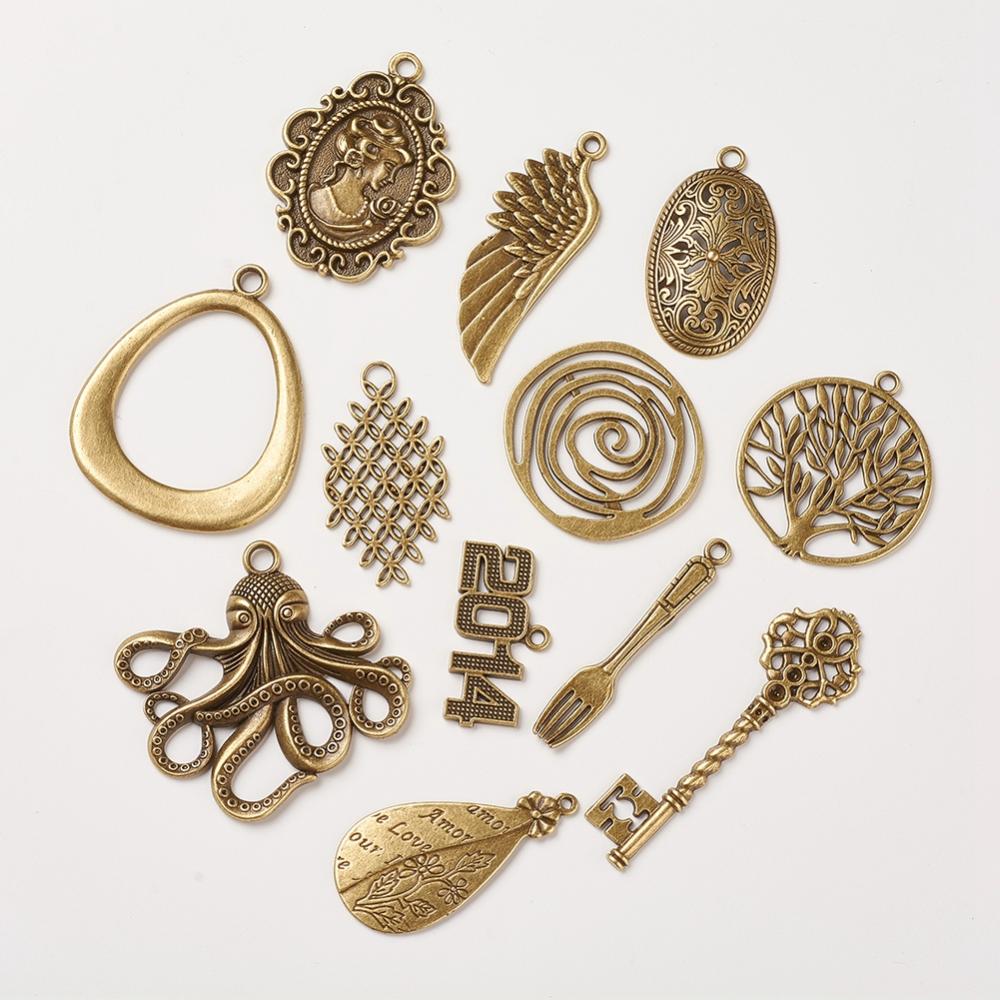 PandaHall Alloy Pendants Findings, Mixed Shapes, Antique Bronze, 19~67x9~58x1~5mm, Hole: 2~4mm Alloy Mixed Shapes
