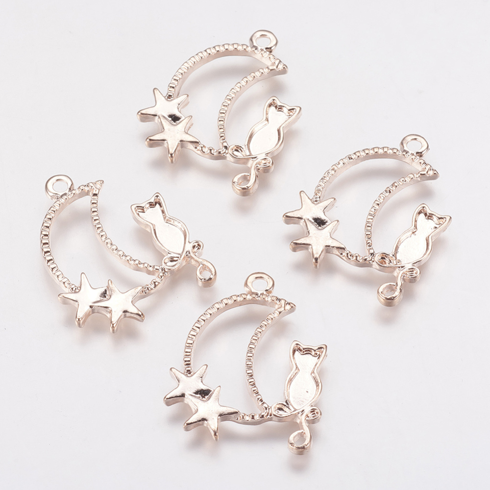 PandaHall Alloy Open Back Bezel Pendants, For DIY Resin, Pressed Flower Jewelry, Moon with Cat, Rose Gold, 27x21x2mm, Hole: 2mm Alloy Moon