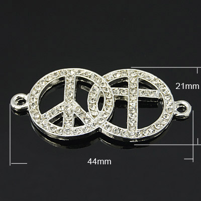 PandaHall Alloy Rhinestone Links, Platinum Metal Color, Peace Sign with Cross, Crystal, 44x21x3mm, Hole:2mm Alloy+Rhinestone Flat Round