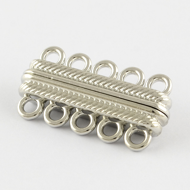 PandaHall Rectangle Tibetan Style Alloy Magnetic Clasps for Jewelry Making, with 10 Holes, Platinum, 30x13x5.5mm, Hole: 2mm Alloy Rectangle