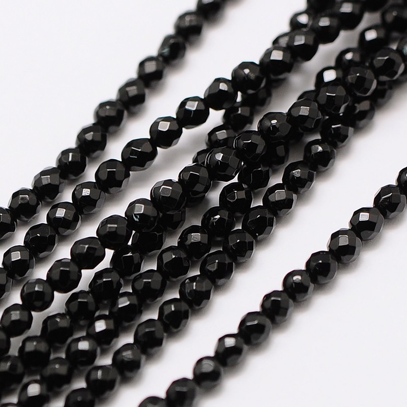 PandaHall Natural Black Agate Bead Strands, Faceted Round, 2mm, Hole: 0.8mm; about 190pcs/strand, 16" Black Agate Round Black