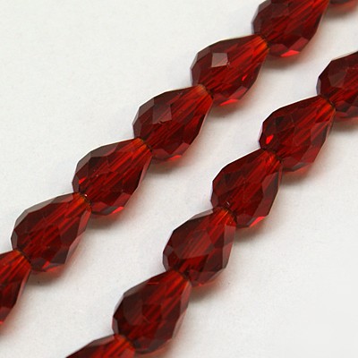 PandaHall Glass Beads Strands, Faceted, Drop, DarkRed, 12x8mm; Hole: 1mm, about 60pcs/strand, 28.3" Glass Drop Red