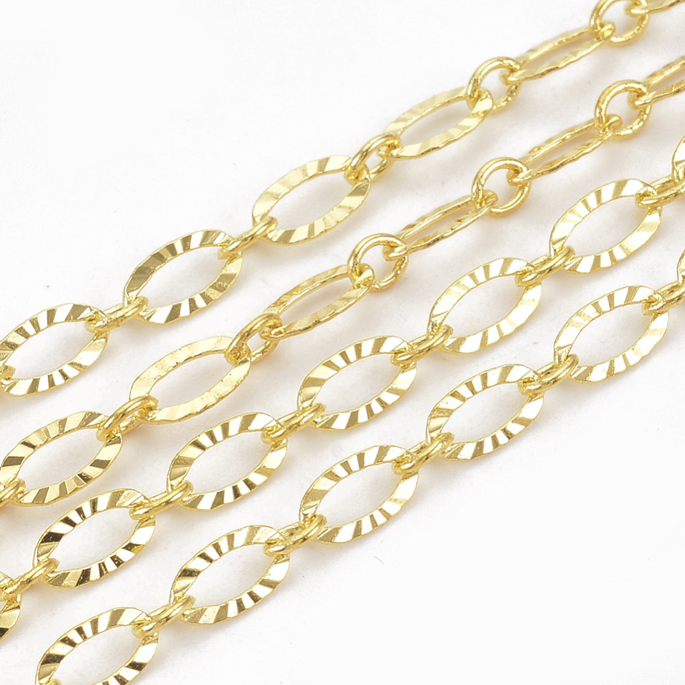 PandaHall Brass Cross Textured Chains, Soldered, Real Gold Plated, 6.2x3.3x0.5mm Brass
