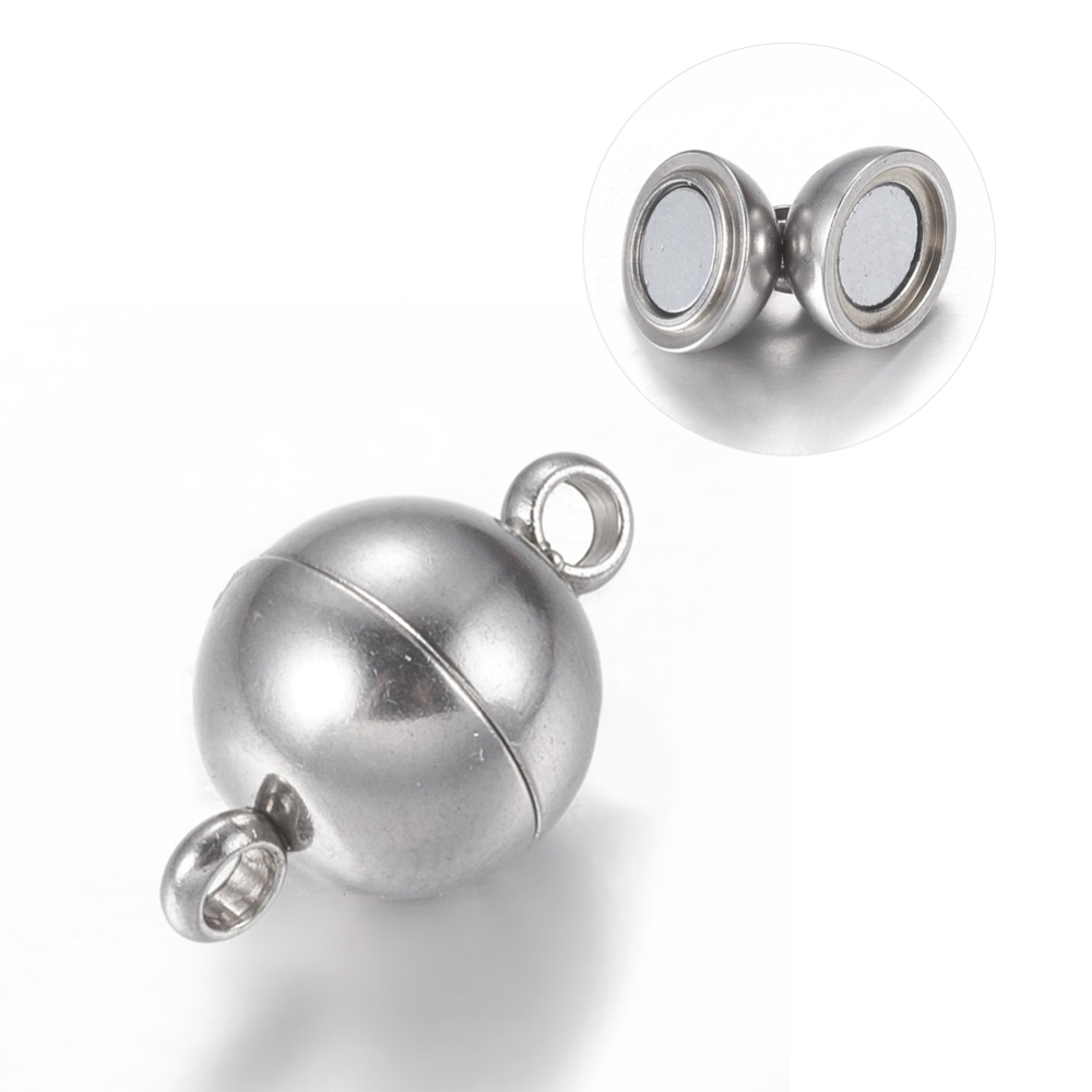 PandaHall 304 Stainless Steel Magnetic Clasps, Round, Stainless Steel Color, 14x8mm, Hole: 2mm Stainless Steel Round