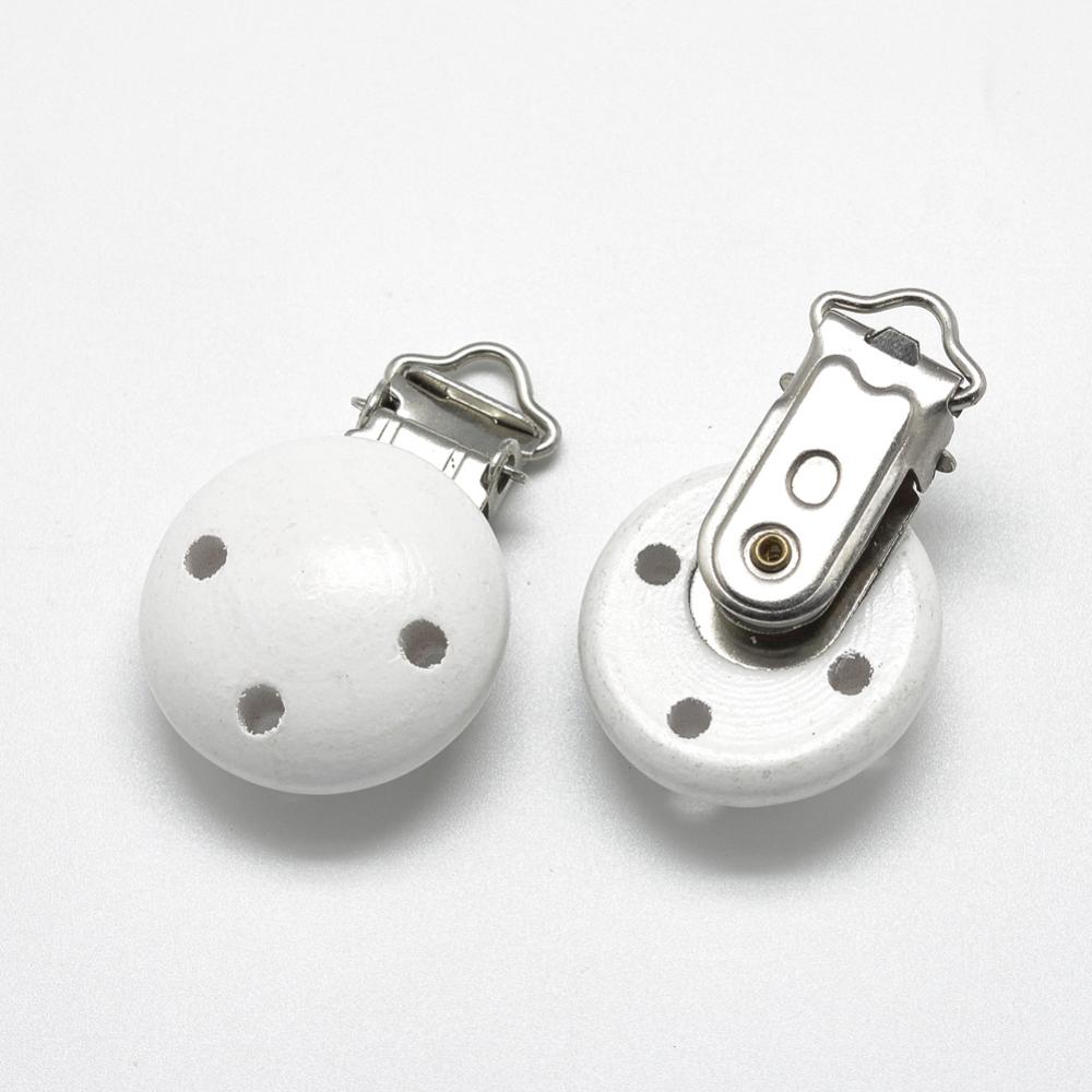 PandaHall Dyed Wood Baby Pacifier Holder Clips, with Iron Clips, White, 48x29x19mm, Hole: 13.5x5mm Wood White