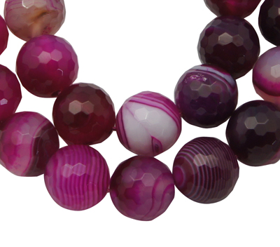 PandaHall Natural Striped Agate/Banded Agate Beads, Dyed, Faceted, Round, Fuchsia, Size: about 10mm in diameter, hole: 1mm, 35pcs/strand...