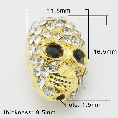 PandaHall Metal Alloy Rhinestones Beads, Halloween, Skull, Golden Color, Size: about 11.5mm wide, 16.5mm long, 9.5mm thick, hole: 1.5mm...