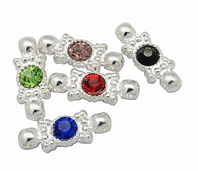 PandaHall Metal Alloy Bead Spacers, with Rhinestone and Two Holes, Grade A, Silver, Rectangle, Size: about 7.5mm wide, 21mm long, 4.5mm...