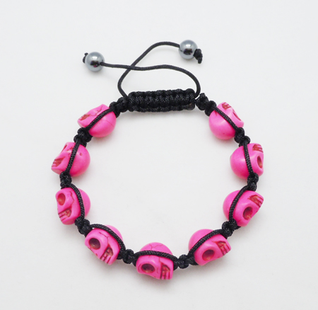 PandaHall Fashion Bracelets for Halloween, with Dyed Skull Turquoise Beads and Hand-Knitted Cord, HotPink, 8" Synthetic Turquoise Pink