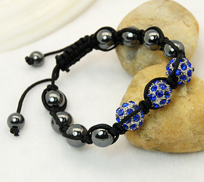 PandaHall Fashion Rhinestone Bracelets, Hematite with Nylon Cord, DeepSkyBlue, 62mm Hematite Blue