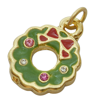 PandaHall Alloy Enamel Pendants, with Rhinestone Beads,  Christmas Wreath, Golden, Colorful, about 13mm wide, 18mm long,2mm thick, hole:3mm...