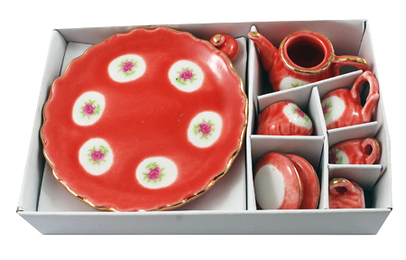 PandaHall Home Decoration, Porcelain Tea Set, OrangeRed, saucer1: 66.5mm; saucer2: 23mm; teapot1: 30x38mm; teapot2: 17x27mm; teapot3: 21mm;...
